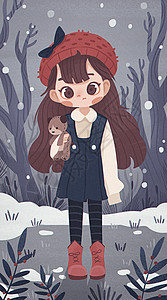 玩具手机传统节气小雪大雪冬季女孩抱着玩具熊插画
