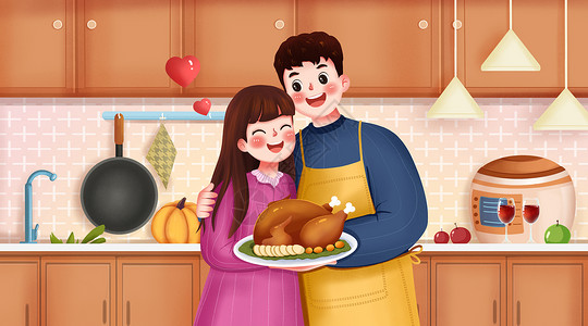 家庭厨房做饭卡通版男生为女友做大餐插画