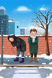 瑟瑟发抖青年男孩在马路上被寒风吹冻的发抖情景画面插画