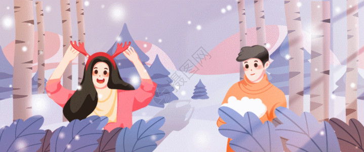玩雪的男孩小雪插画温情暖冬GIF高清图片