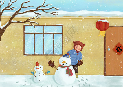 冬日屋前雪人冬季小孩屋前堆雪人卡通插画插画