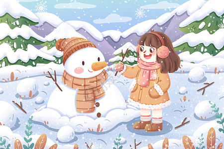 小清新下雪天女孩和雪人玩耍卡通插画背景图片