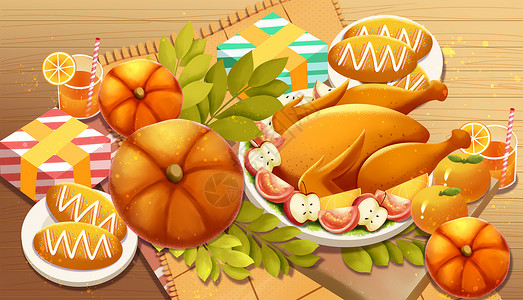 温暖感恩节火鸡南瓜面包美食插画图片