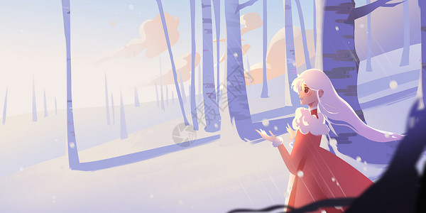 紫色治愈系冬季下雪树林红衣少女卡通插画图片