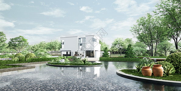 3d喷泉素材现代3D独栋别墅设计图片