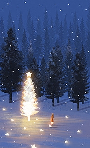 唯美治愈女孩在夜晚看着发光圣诞树卡通插画背景图片