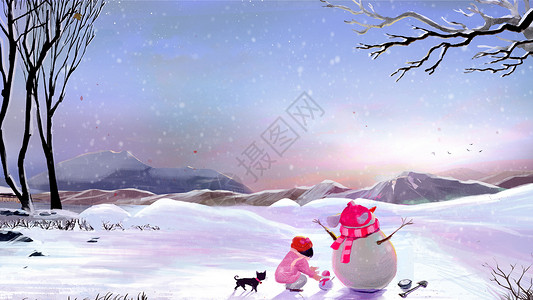 牡丹江雪乡冬天和雪人一起玩耍卡通唯美小清新插画插画