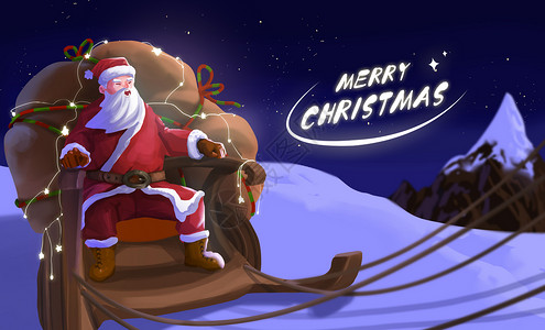 夜晚中的圣诞老人赶着送礼物节日插画背景图片