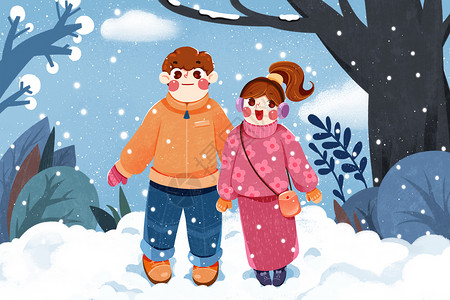 冬季卡通雪中漫步的情侣插画图片