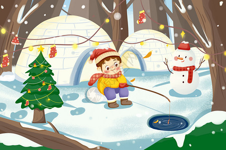 圣诞节卡通袜子在雪屋丛林中钓鱼的小男孩卡通插画插画