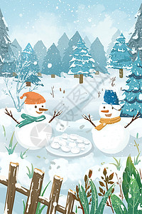 唯美冬天两个雪人吃饺子节气插画背景图片