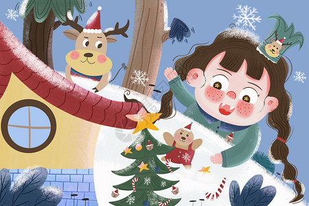 麋鹿帽子圣诞节小女孩和动物一起玩游戏绘本插画插画
