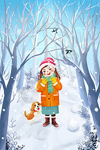 下雪的冬天卡通人物与猫咪看雪情景温暖插画图片