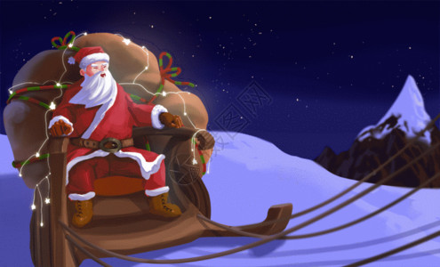卡通冬天雪景夜晚中的圣诞老人赶着送礼物节日插画GIF高清图片