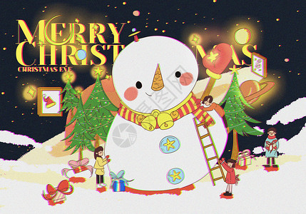 圣诞平安夜一起堆雪人卡通插画背景图片