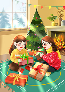 拆礼物盒圣诞节在家收到圣诞礼物卡通人物温暖插画插画