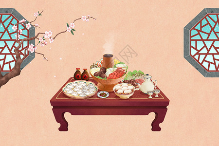 食疗五谷丰登古风室内过冬饺子火锅食品冬季节气插画插画