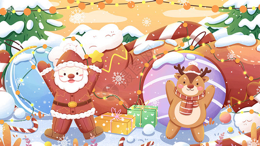 圣诞节卡通袜子清新圣诞节麋鹿与圣诞老人卡通插画插画