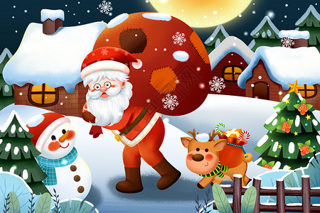 平安夜圣诞节小村庄里圣诞老人与小麋鹿送礼物插画图片