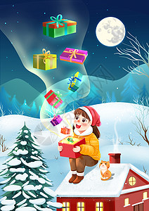 唯美梦幻圣诞节女孩坐在屋顶收圣诞礼物卡通人物治愈插画背景图片
