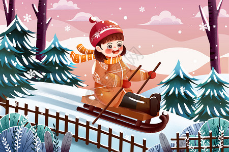清新冬日山林雪原女生滑雪插画图片