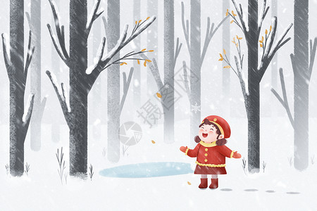圣诞滑雪冬天小女孩在雪地树林玩耍插画