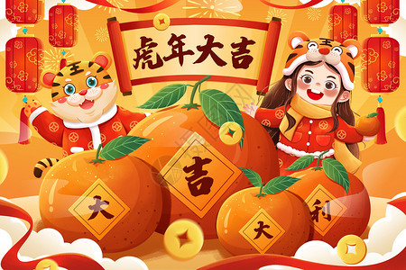 2022虎年喜庆大吉大利女孩与老虎橘子春节迎新年插画背景图片