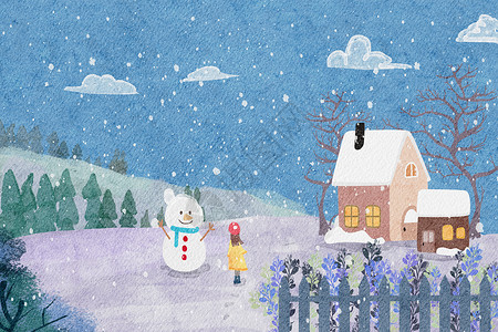 冬天雪人雪景水彩风插画图片