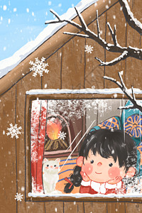 冬天下雪小木屋小女孩和猫咪趴在窗台看窗外儿童插画图片
