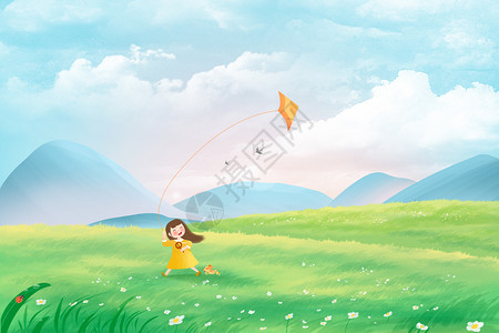 唯美治愈春天立春小女孩在草地上放风筝插画