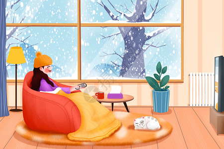 在冬天一天卡通冬天在家里看电视的女孩插画