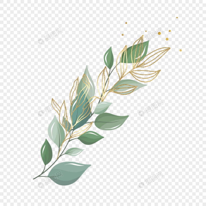 金箔绿色叶子水彩植物装饰图片