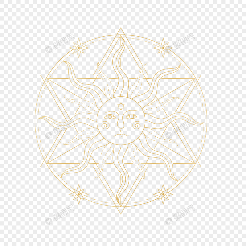 太阳六芒星金色线条塔罗牌符号图片