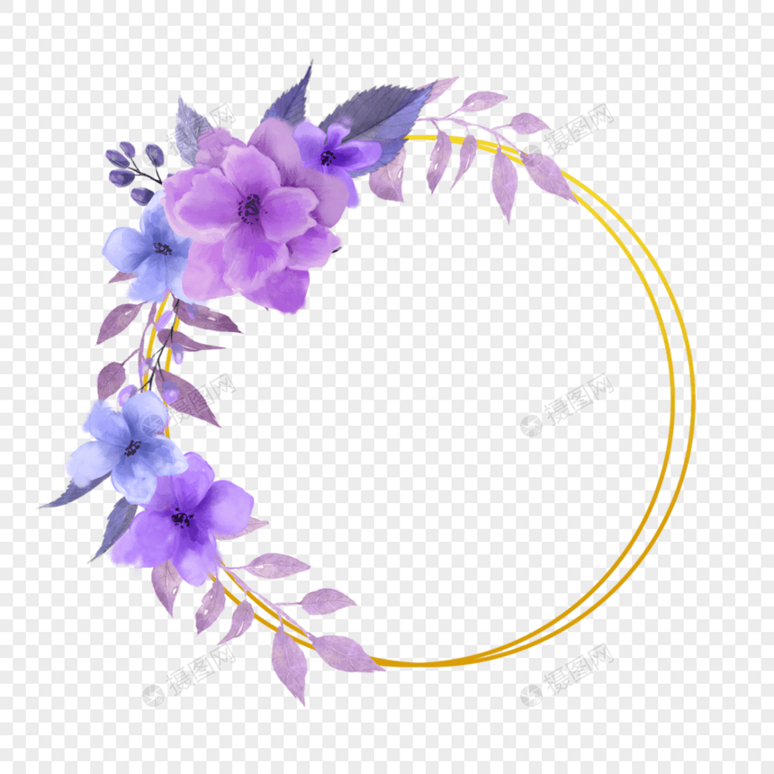 水彩紫罗兰花卉婚礼圆形边框图片