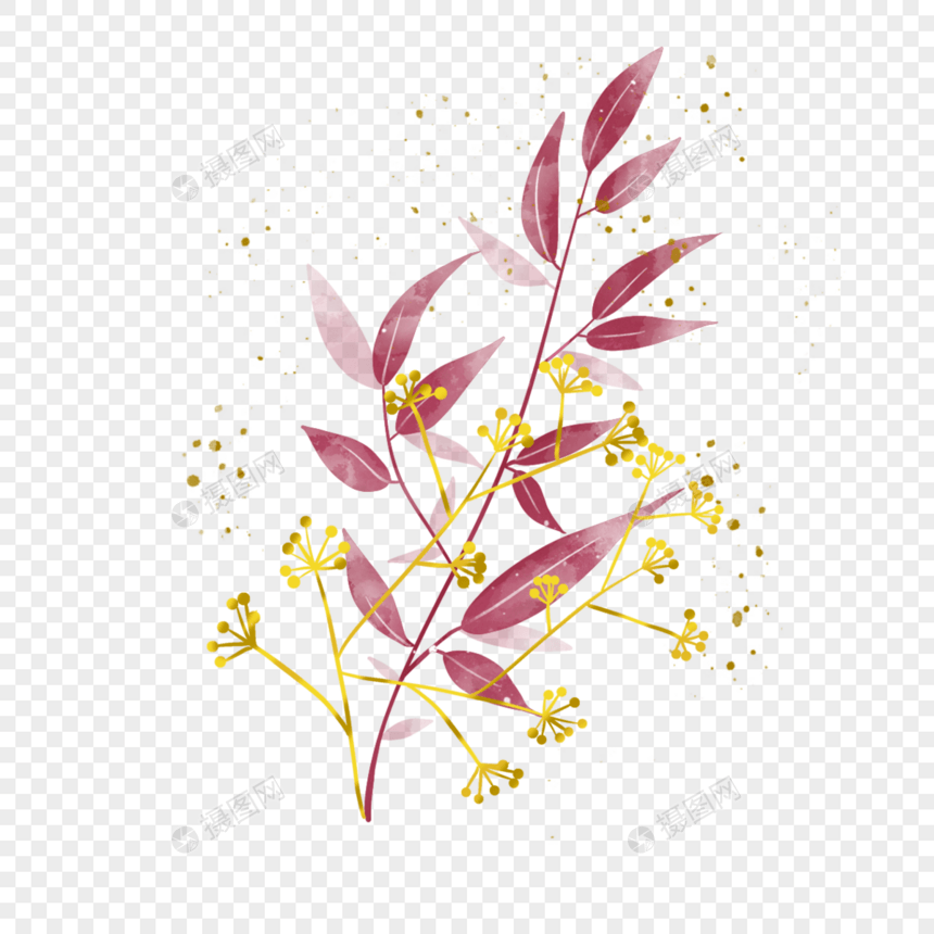 金箔树枝装饰玫红树叶婚礼花束图片