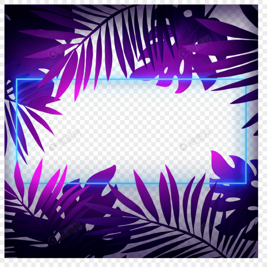 蓝色抽象霓虹光效紫色热带植物边框图片