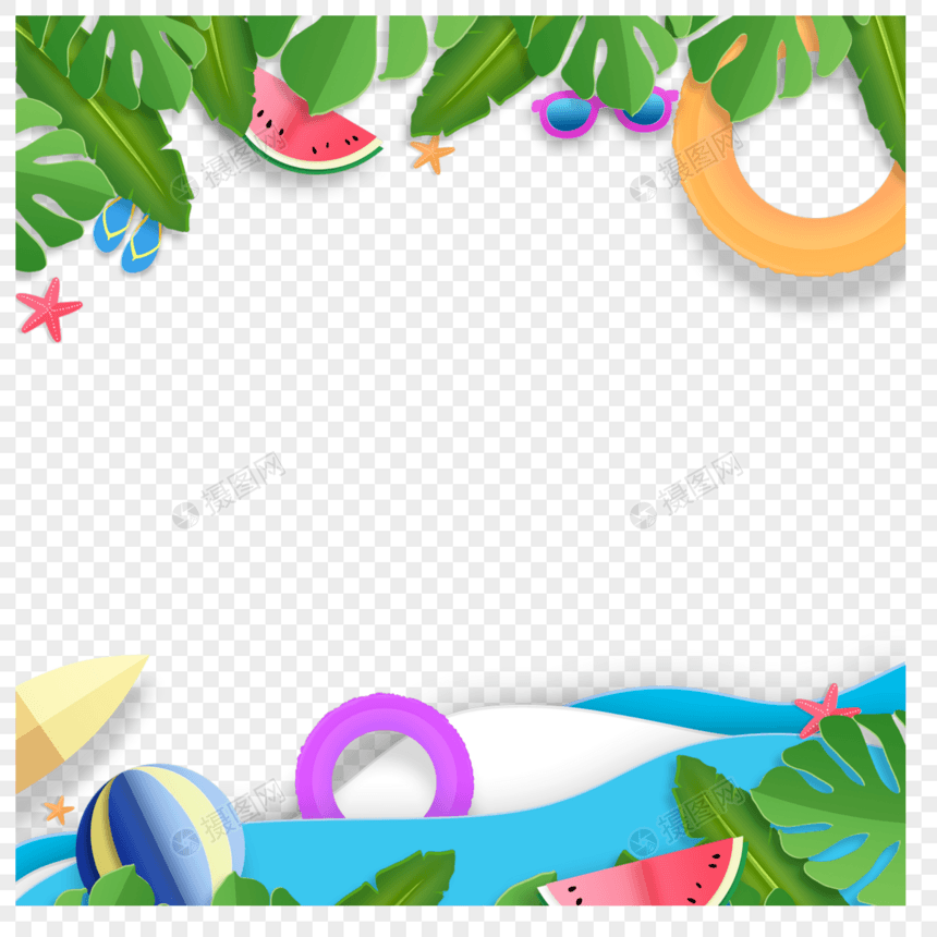 彩色泳圈美味水果夏季剪纸沙滩边框图片