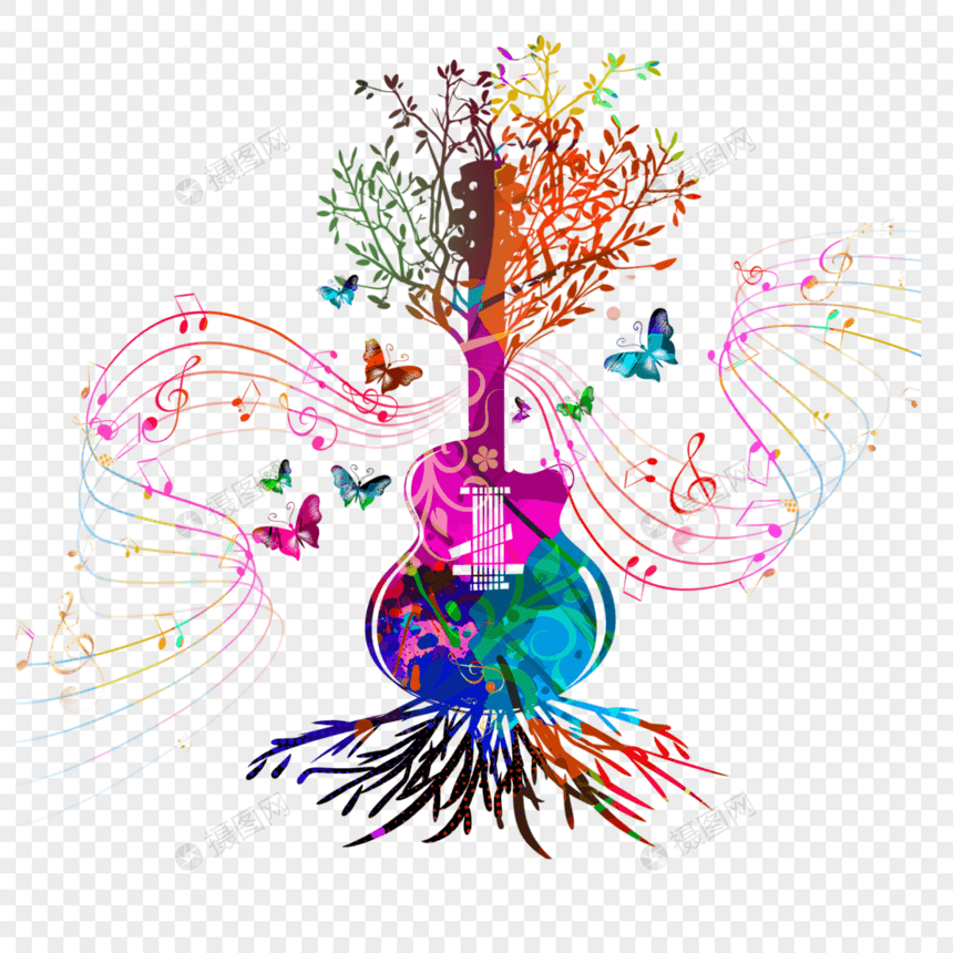抽象音乐蝴蝶彩色吉他元素图片
