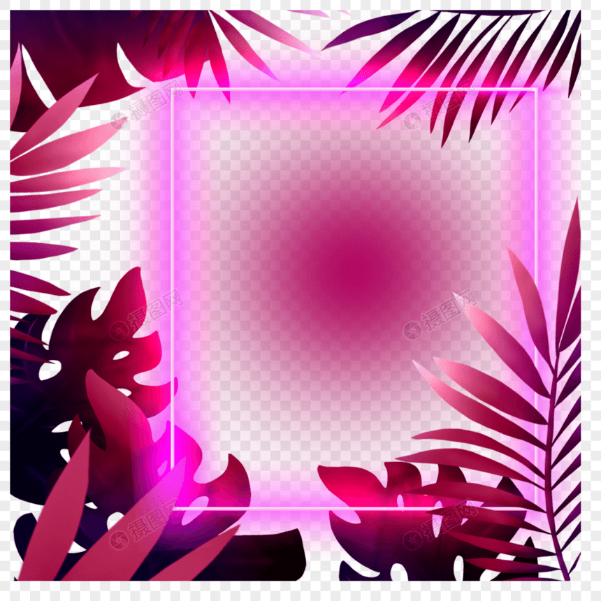 质感粉色发光霓虹光效热带植物边框图片