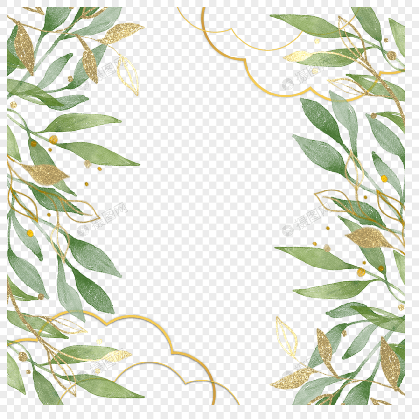金箔树叶婚礼水彩边框图片