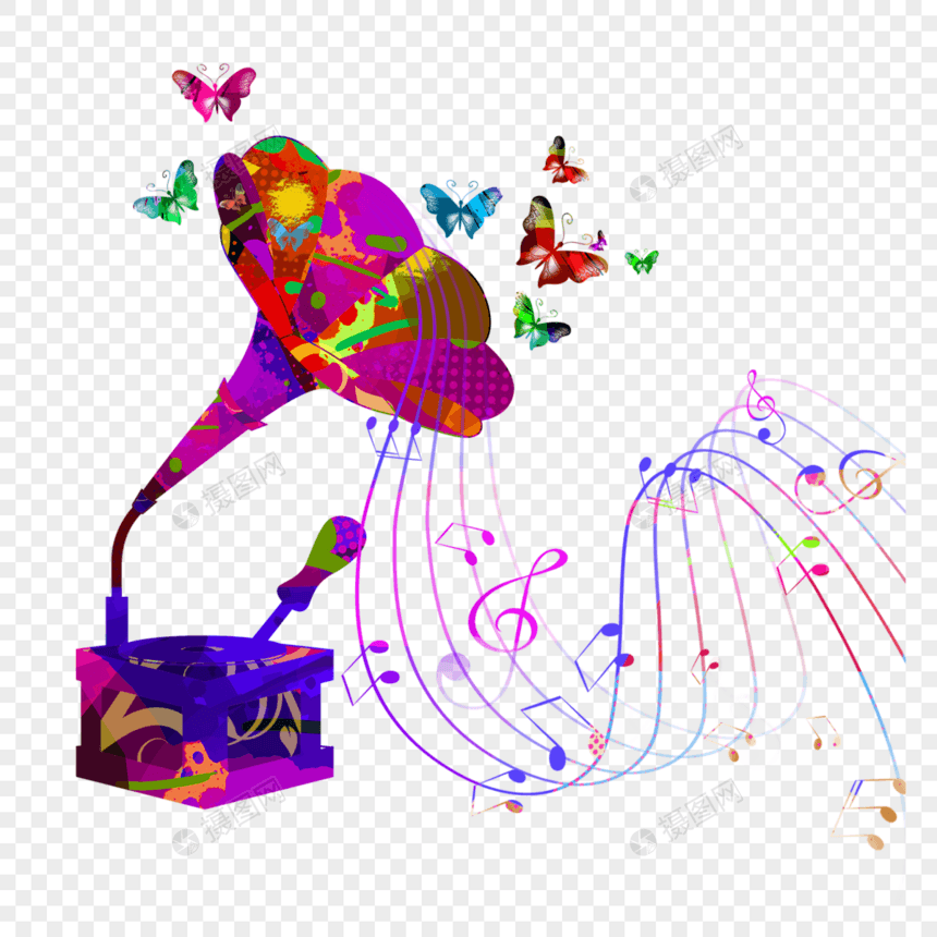 抽象音乐蝴蝶复古留声机彩色元素图片