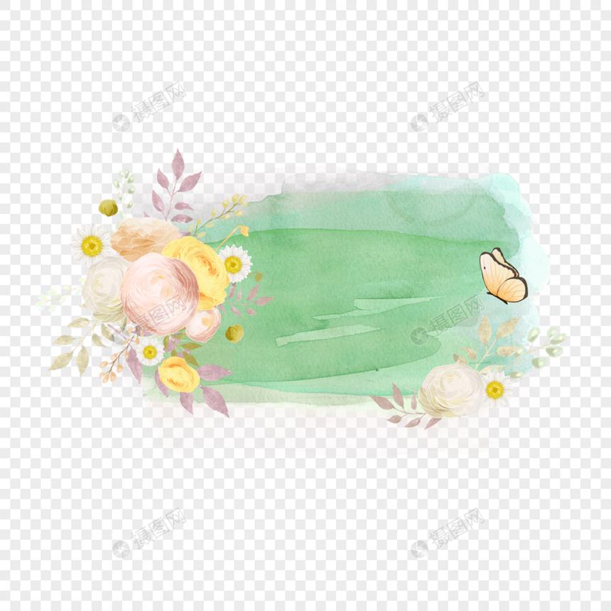 笔刷水彩风格花卉绿色边框图片