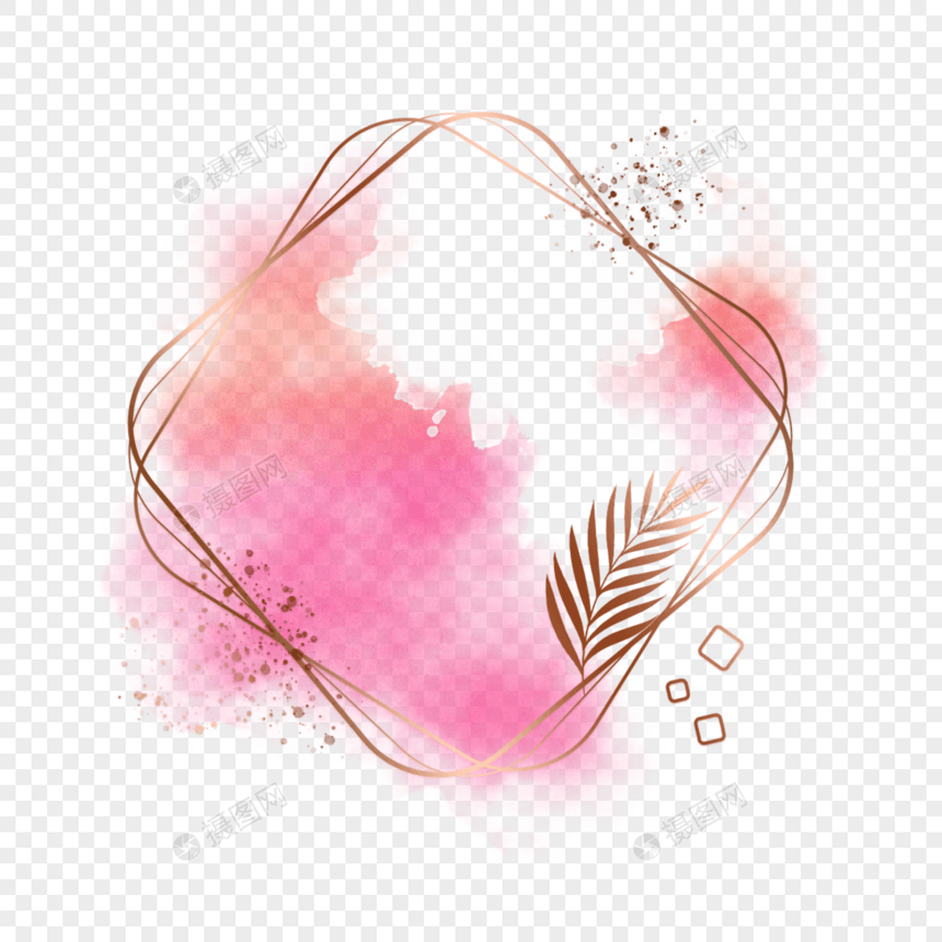 粉红色水彩金色植物边框图片