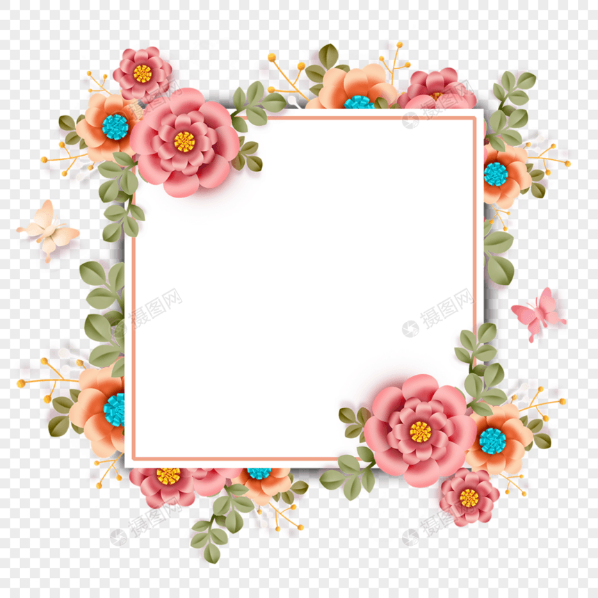 正方形红色剪纸花卉边框质感图片