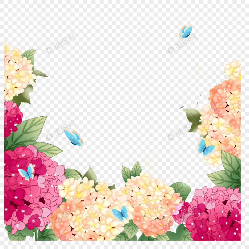 水彩绣球粉红色花卉婚礼边框图片