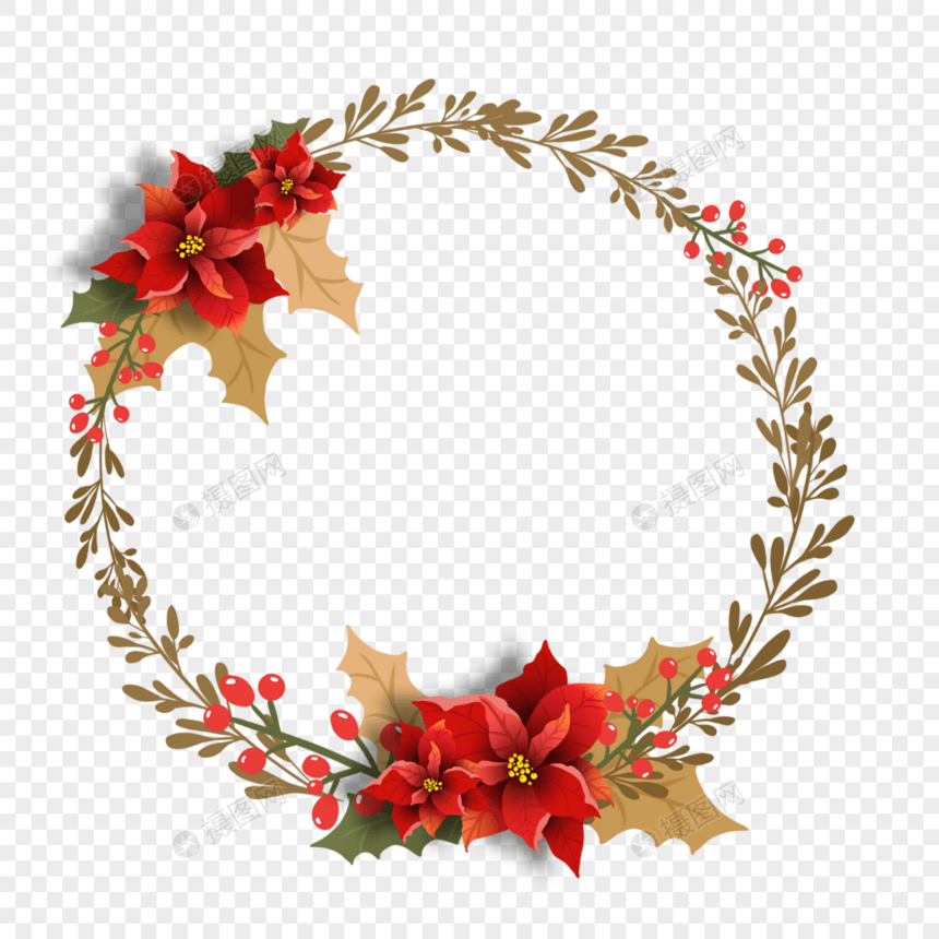 圣诞新年一品红花卉边框花环图片