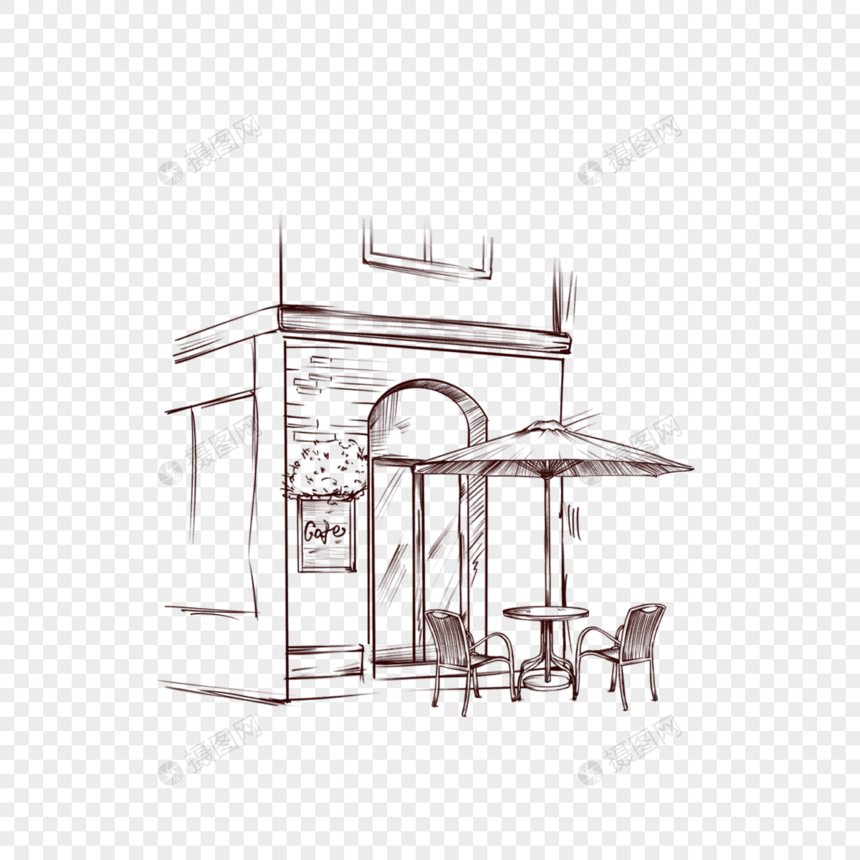 素描唯美城市街头咖啡餐厅图片