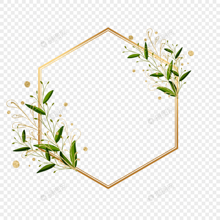金色多边形植物叶子装饰边框图片