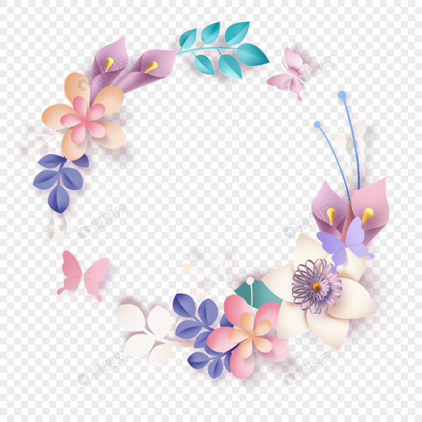 质感剪纸花卉边框圆形图片