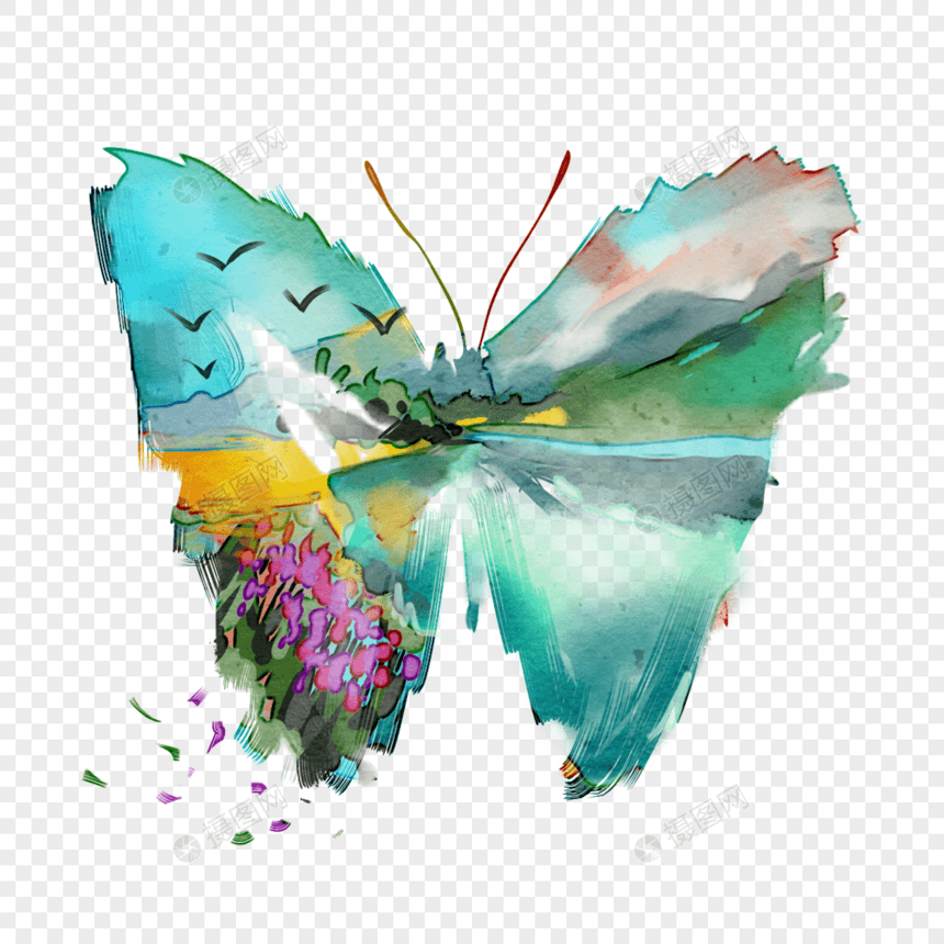水彩花蝴蝶抽象创意元素图片